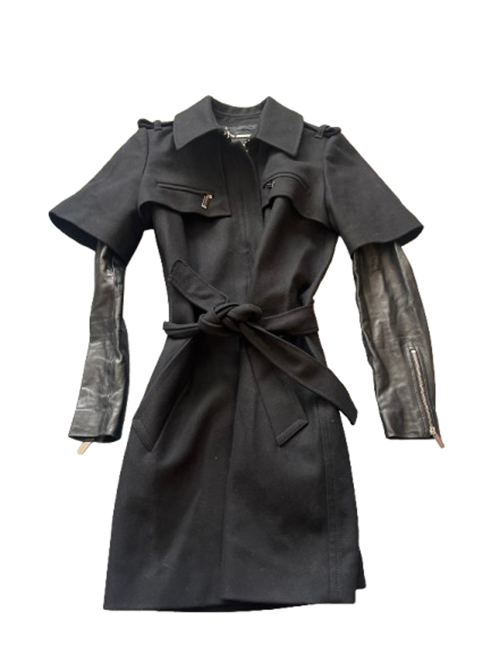 BARBARA BUI Black Cashmere Wool & Leather Sleeve Belted Trench Coat Jacket Sz 40